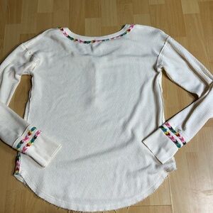 Ivory Long-Sleeve Thermal Top with Multicolor Braided Trim